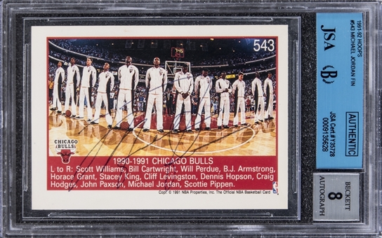 1991-92 Hoops #543 "1990-91 Chicago Bulls Team Card" Signed by Jordan – BGS/JSA 8 Signature